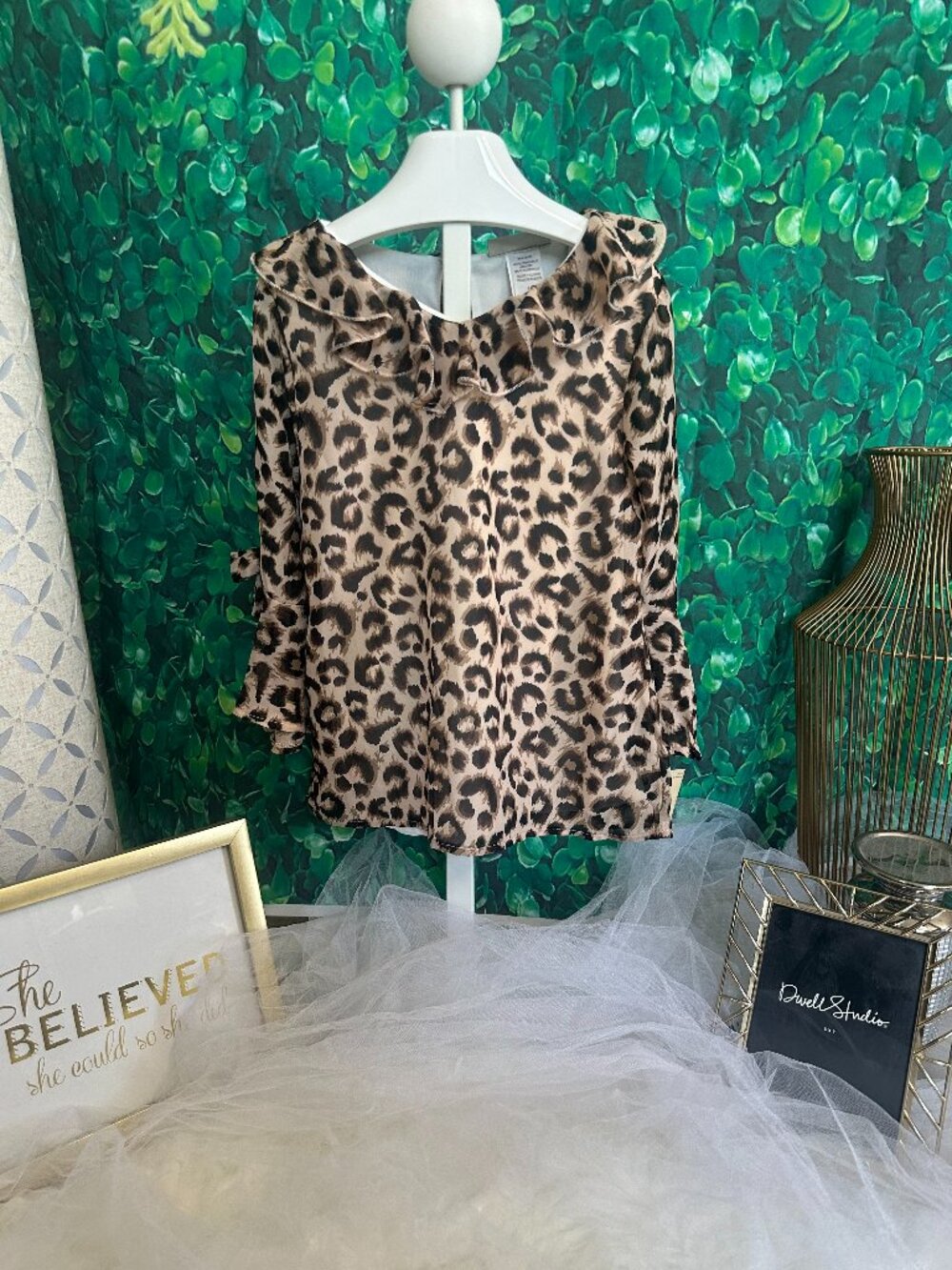 NWT - Satin Flowers Girls' Ruffle Collar Leopard Print Blouse Sz 10